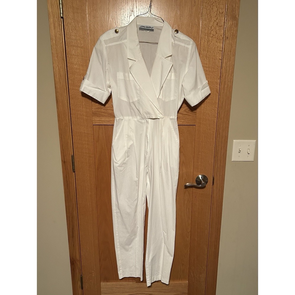 Vintage Joan Walters 80s Retro White Utility Boiler Jumpsuit Gold Buttons Womens